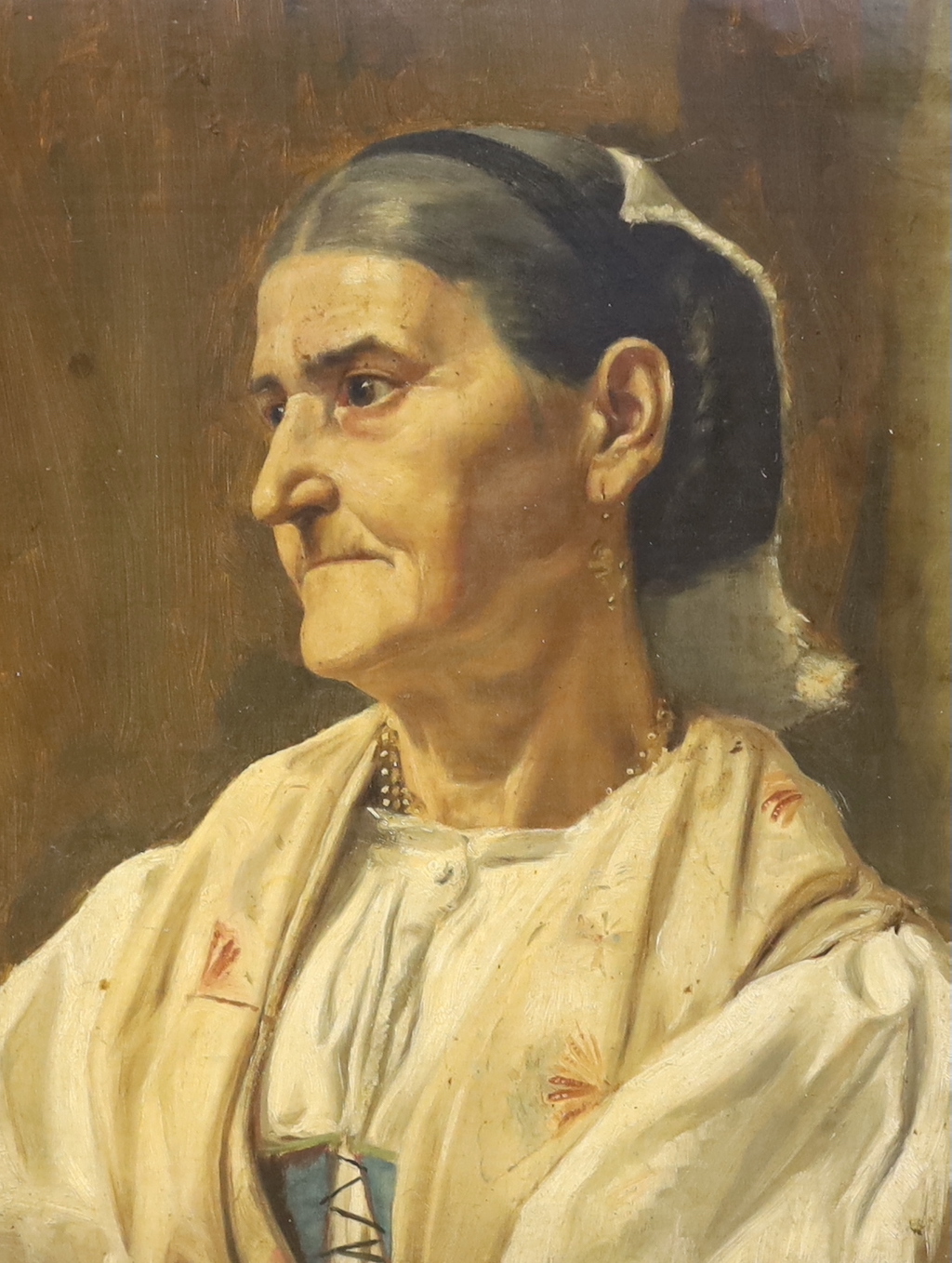 19th century continental school, oil on board, Half length portrait of a lady, gilt framed, 47 x 36cm